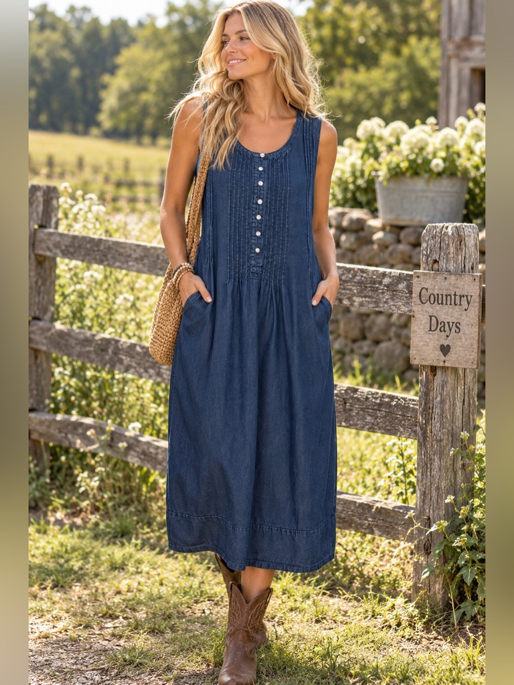 Coldwater Creek XL Tencel Denim Midi Dress Pintuck Button Boho Cottagecore Blue